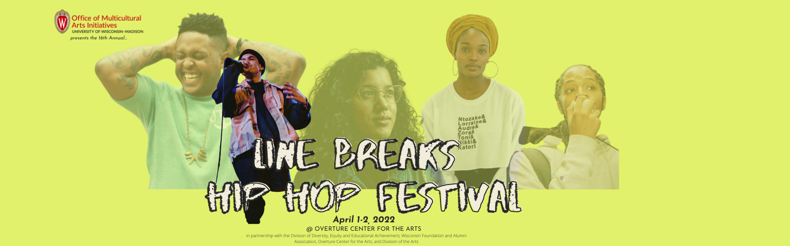 Yellow background with cutout images of people performing spoken word poetry with text mimicing spray paint reading "Line Breaks Hip Hop Festival."